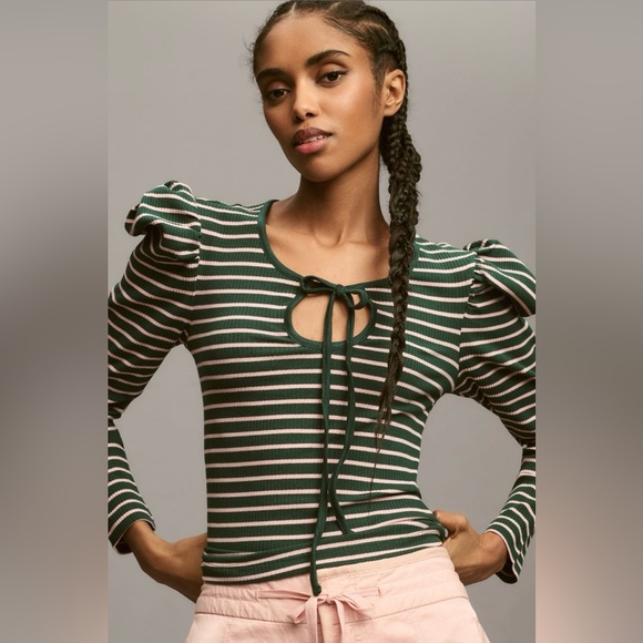 ✨ Anthropologie Puff-Sleeve Tie-Front Top Sz XS - Picture 1 of 5